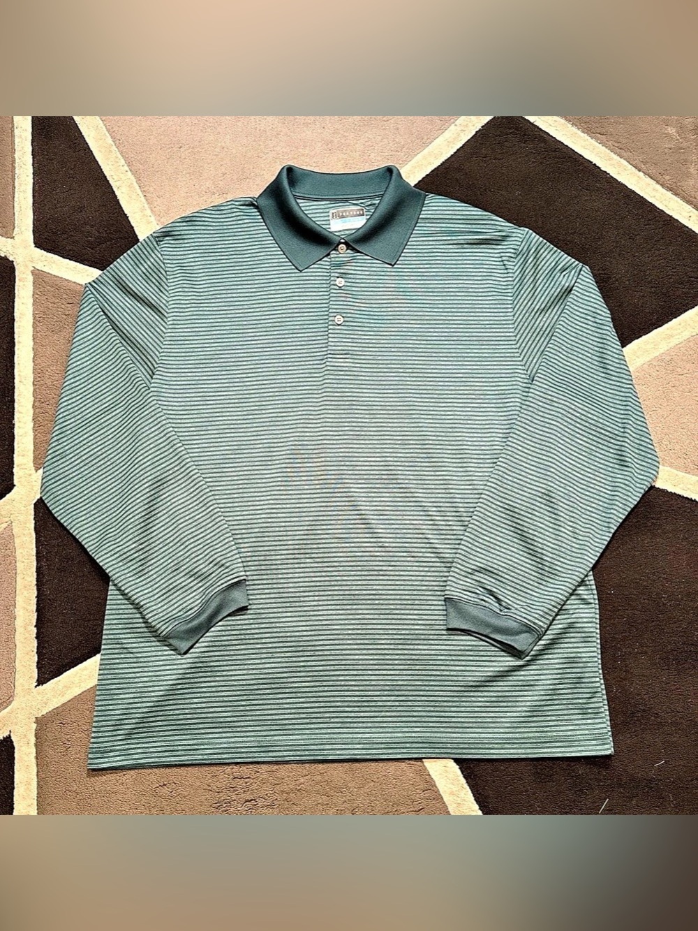 PGA tour Green and blue striped long sleeve 
polo shirt